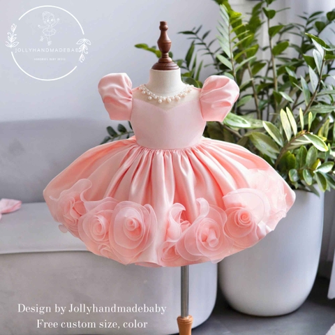 Peach Baby Girl Dress with 3D Roses, Puff Sleeve Flower Girl Dress, Soft Peach Birthday Dress, Handmade Princess Dress