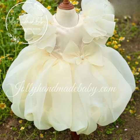 Cap Sleeve Pleated Dress with Puffball in Ivory | Organza Round Neck Midi Dress for Baby Girls