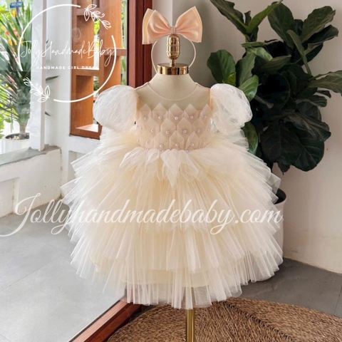 Bow Detail Short Sleeve Dress in Beige with Flower Embroidered | Tulle Maxi for Baby Girls