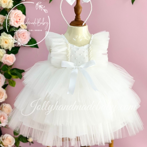 Tiered Cap Sleeve Pleated Maxi Dress with Beaded Bodice in White | Tulle Dress for Baby Girls