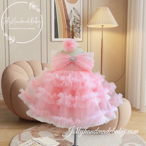Beaded Strap Tiered Tulle Midi Dress with Snow Detail in Pink | Ruffle Princess Dress for Baby Girl