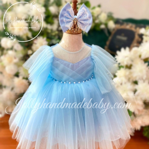 Short Sleeve Mesh Neck Dress with Cut Out V Back in Blue  | Tulle Midi Dress for Baby Girls