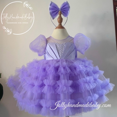 Beaded Tiered Short Sleeve Dress with Exclusive Pleated Front in Lavender | Tulle Maxi Dress for Baby Girl