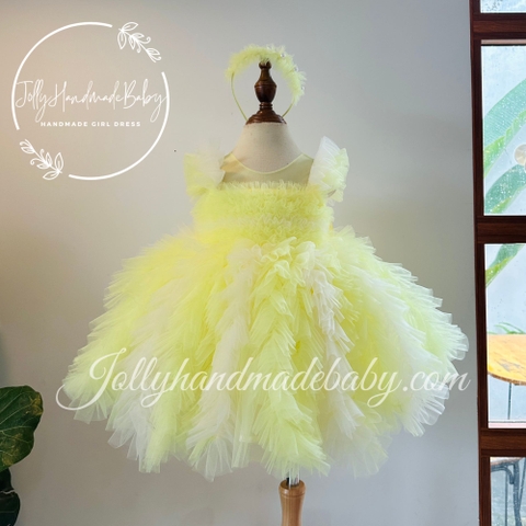 Cap Sleeve Midi Dress with Feather Style in Yellow | Tulle Dress for Baby Girl