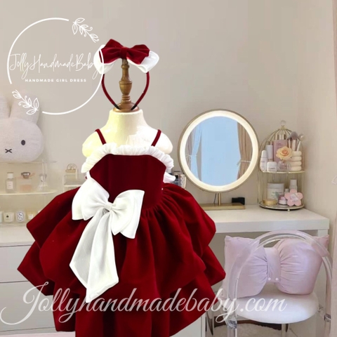 Strappy Velvet Midi Dress Embroidered Bow in Red with Coat Included | Gift for Baby Girls