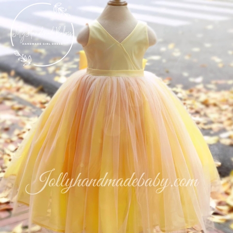Cap Sleeve Cross Front with Cut Out V Detail in Yellow | Pleated Tulle Maxi Dress for Baby Girls