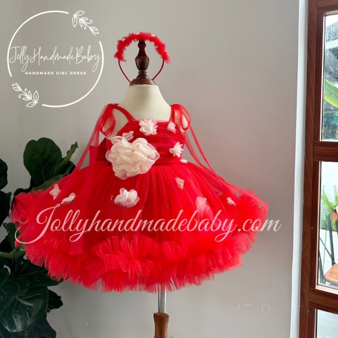 Red Flower Girl Dress with baby girl heaband | Boho Wedding Little Bridesmaid Dress | Baby Birthday Outfit | Toddler Tie Strap Dress