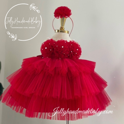 Beaded Strap Tulle Maxi Dress with 3D Flower Detail & Multi Layers in Red | Gift for Baby Girl