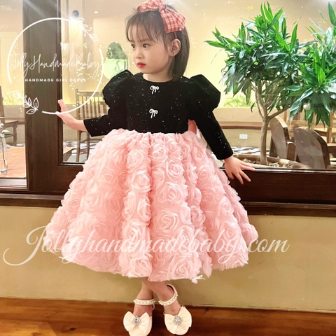 Long Sleeve Black Snow Velvet Dress with Pearl Pink Flower Skirt | Midi for Baby Girls