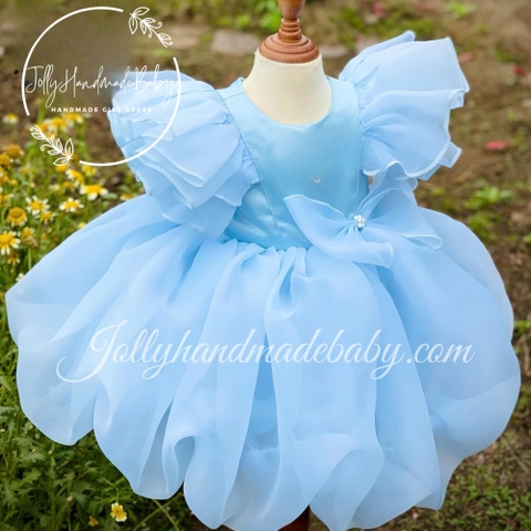 Cap Sleeve Pleated Dress with Puffball in Blue | Organza Round Neck Midi Dress for Baby Girls