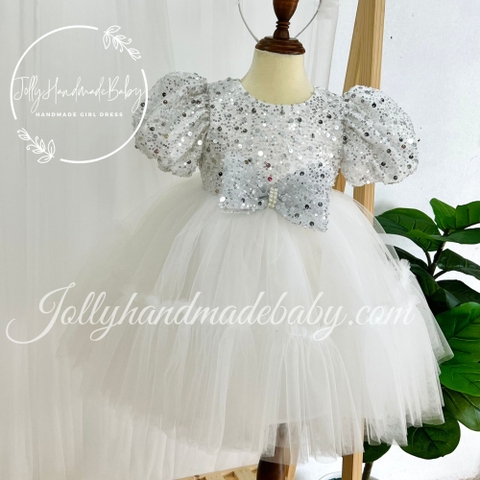 Exclusive Short Sleeve Sequin Bodice Dress in White with Bow Detail | Ruffle Tulle Midi Dress for Baby Girl