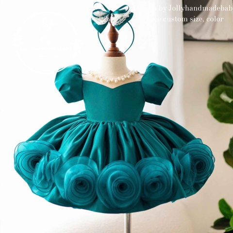 Teal Baby Girl Dress with 3D Roses, Puff Sleeve Flower Girl Dress, Soft Peach Birthday Dress, Handmade Princess Dress