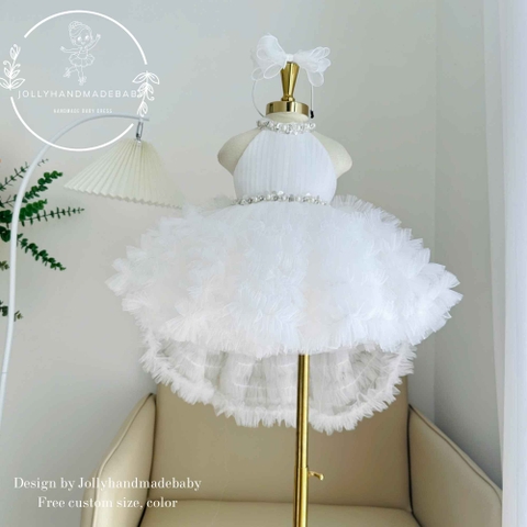 White Flower Girl Dress, High Low Tulle Dress for Girls, Birthday Party Dress, Pearl Neckline Dress, Toddler Special Occasion Dress