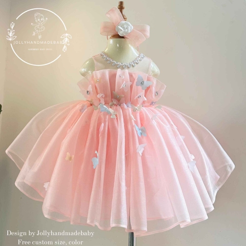 Pink Butterfly Flower Girl Dress, Toddler Yellow Tulle Princess Dress, Baby Girl Birthday Party Dress, Handmade Special Occasion Dress