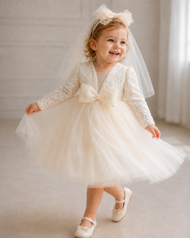 Ivory Long Sleeve Flower Girl Dress, V Neck Lace Bodice with Tulle Skirt