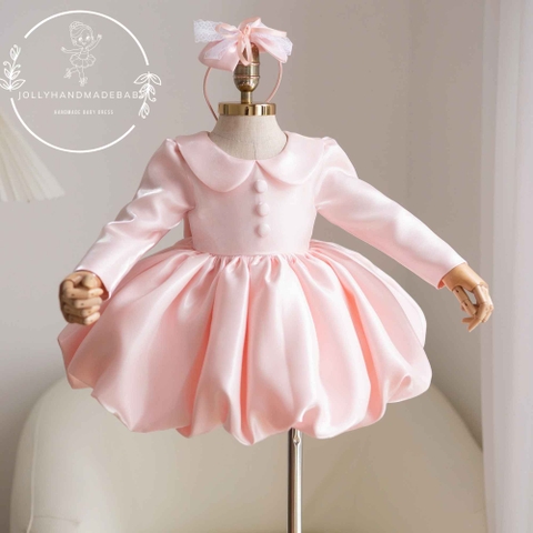 Pink Baby Girl Bubble Dress, Satin Princess Dress, Toddler Birthday Outfit, Flower Girl Dress, Blush Pink Party Dress, Custom Size