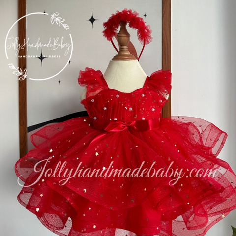 Exclusive Beaded Cap Sleeve Tulle Dress in Red | Tiered Midi Dress for Baby Girls