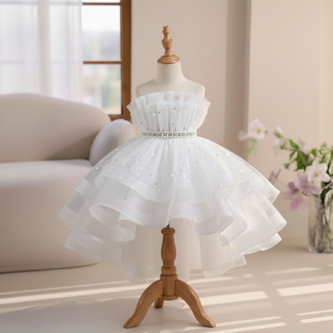 White Satin Flower Girl Dress, Baby Tutu Dress, Toddler Birthday Dress, 3D Rose Dress, Handmade Baby Girl Dress, Princess Tulle Dress