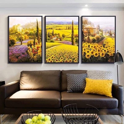 Bộ 3 Tranh Treo Tường Tráng Gương / Canvas Vườn Hoa Hướng Dương - MELYHOME