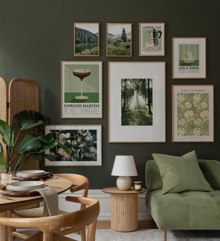 Bộ 8 Tranh Treo Tường Tráng gương/Canvas Xanh Lá Phong cảnh Rừng Amazon Nhiệt Đới Hình Ly Rượu Tranh Hoa William Morris