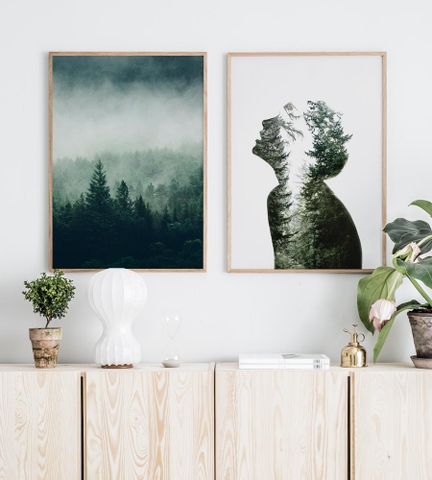 Set 2 Tranh Treo Tường Tráng gương/Canvas Cô Gái Từ Lá Cây Tropical Xanh Lá - MELYHOME