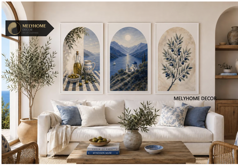 12 Mẫu Bộ 3 bức Tranh Treo Tường Biển Santorini Hy Lạp Địa Trung Hải Xanh Trắng Tráng Gương / Canvas Phong Cảnh Trang trí Phòng Khách Sạn Ngủ- MELYHOME DECOR