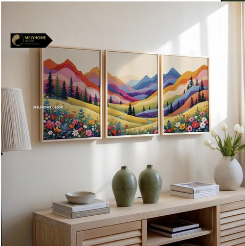 Bộ 3 Tranh Treo Tường Tráng Gương / Canvas Phong Cảnh Cánh Hoa Đồng Rực Rỡ Boho Minimalist Tối Giản- MELYHOME DECOR