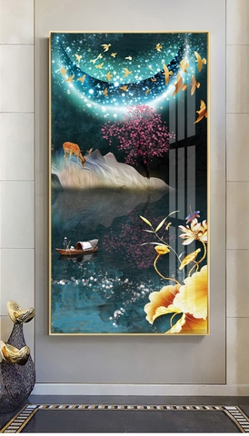 Tranh Đơn Dọc Treo Tường Tráng gương/Canvas Treo Hành Lang Phòng Khách Hươu Nai Bầu Trời Đầy Sao - MELYHOME- 1