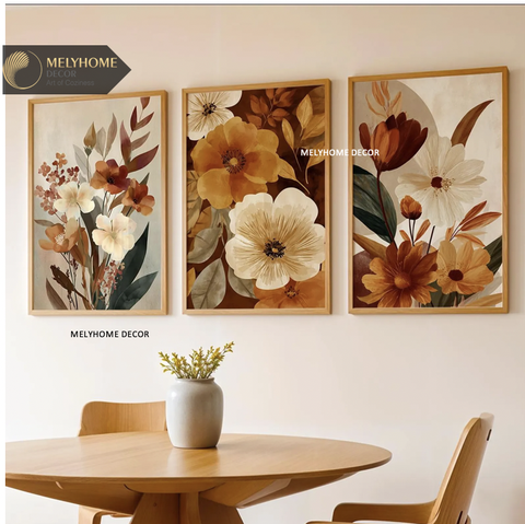 Bộ 3 Tranh Treo Tường Tráng Gương / Canvas Phong Cảnh Mùa Thu Hoa Lá Vàng Vintage Retro- MELYHOME DECOR