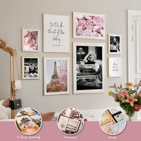 Bộ 8 Tranh Treo Tường Tráng gương/Canvas Màu Hồng Đen Hoa Hồng Hoa Mẫu Đơn Tháp Eiffel Cô Gái Châu Âu Vintage Cổ Điển Sang Trọng
