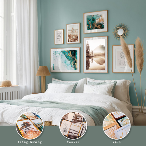 Bộ 6 Tranh Treo Tường Tráng gương/Canvas Xanh Lá Rừng Núi Mỹ Sương Mù Linh Dương