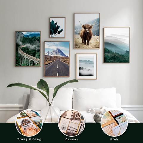 Bộ 6 Tranh Treo Tường Tráng gương/Canvas Xanh Lá Rừng Núi Mỹ Sương Mù Linh Dương