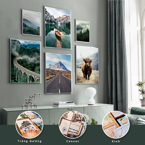 Bộ 6 Tranh Treo Tường Tráng gương/Canvas Xanh Lá Phong Cảnh Sông Nước Thung Lũng Rừng Núi Sương Mù Linh Dương Hiện Đại