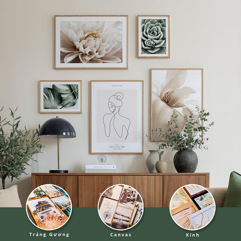 Bộ 6 Tranh Treo Tường Tráng gương/Canvas Trắng Xanh Lá Phong Cảnh Hoa Cúc Trắng Cô Gái Trừu Tượng Sen Đá Minimalism Tối Giản