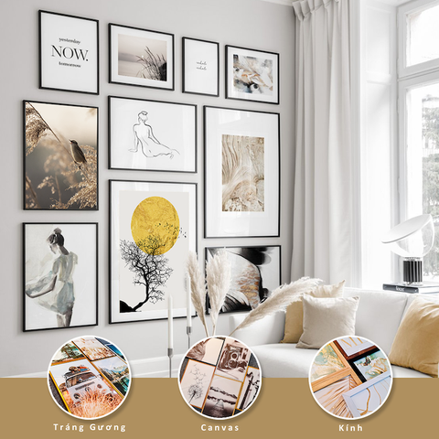 Bộ 10 Tranh Treo Tường Tráng gương/Canvas Trắng Vàng Cô Gái Phong Cảnh Trừu Tượng - MELYHOME
