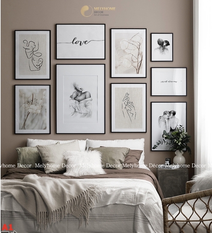 Bộ 9 Tranh Treo Tường Tráng gương/Canvas Cô Gái Couple Love Tình Yêu Kiss Nghệ Thuật Tone Trắng - 26