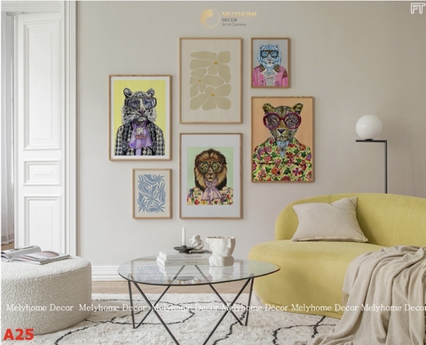 Bộ 6 Tranh Treo Tường Tráng gương Vintage Retro Matisse Hổ Sử Tử Báo Mèo Mặc Vest  - 8