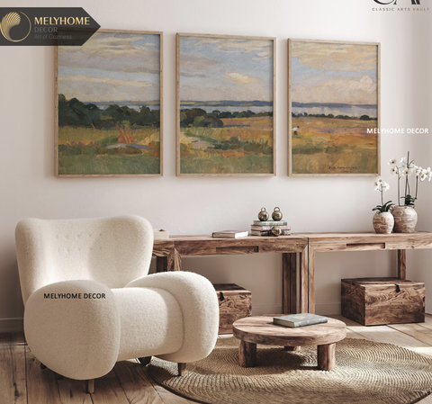 Bộ 3 Tranh Treo Tường Tráng Gương / Canvas Phong Cảnh Vintage Retro Châu Âu - MELYHOME DECOR