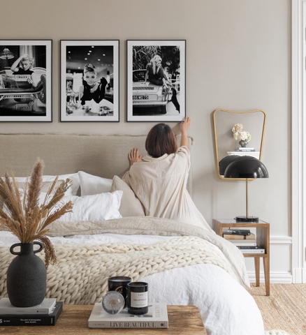 Bộ 3 Tranh Treo Tường Tráng gương/Canvas Trắng Đen Cô Gái Quyến Rũ Ôtô Vintage Cổ Điển Châu Âu