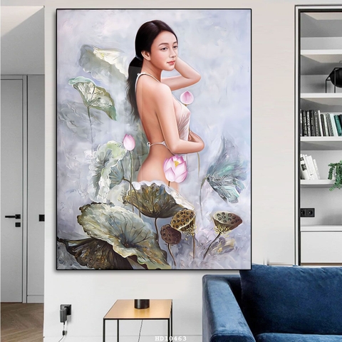 Tranh Đơn Dọc Treo Tường Tráng Gương / Canvas Tone Trắng Cô gái Khoả Thân và Hoa Sen CG11- MELYHOME