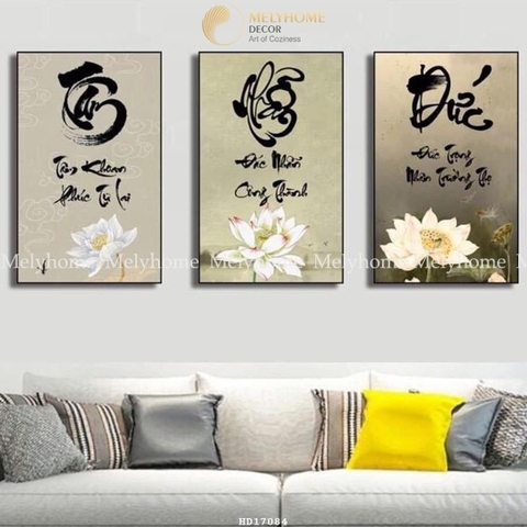 Bộ 3 Tranh Treo Tường Tráng Gương / Canvas Hoa Sen và Chữ Thư Pháp Tâm Nhẫn Đức - MELYHOME- HS2337