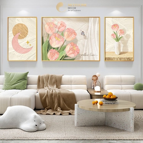 Bộ 3 Tranh Treo Tường Tráng gương / Canvas Cao Cấp - Hoa Tulip-Kiểu mới- 4668-2