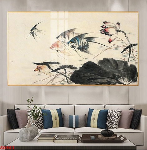 Tranh Đơn Ngang Treo Tường Tráng gương Phong Thuỷ Hoa Sen Cửu Ngư- tỷ lệ 1:2 -10