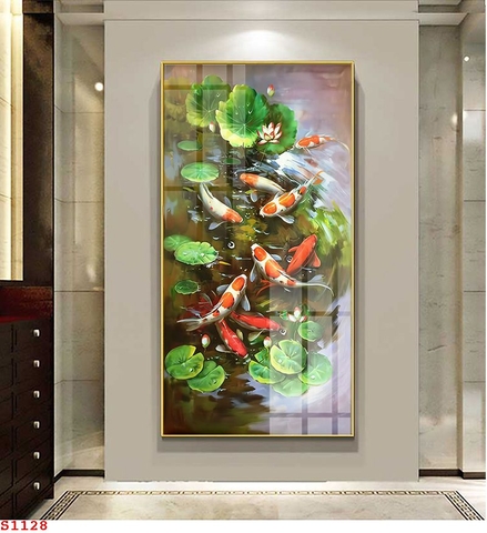 Tranh Đơn Dọc Treo Tường Tráng gương Phong Thuỷ - Hoa Sen- Cửu Ngư- tỷ lệ 1:2 -2