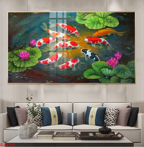 Tranh Đơn Ngang Treo Tường Tráng gương Phong Thuỷ Hoa Sen Cửu Ngư- tỷ lệ 1:2 -11