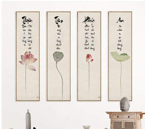 Bộ 4 Tranh Treo Tường Tráng Gương / Canvas Tranh Hoa Sen Thư Pháp- MELYHOME-HS1445