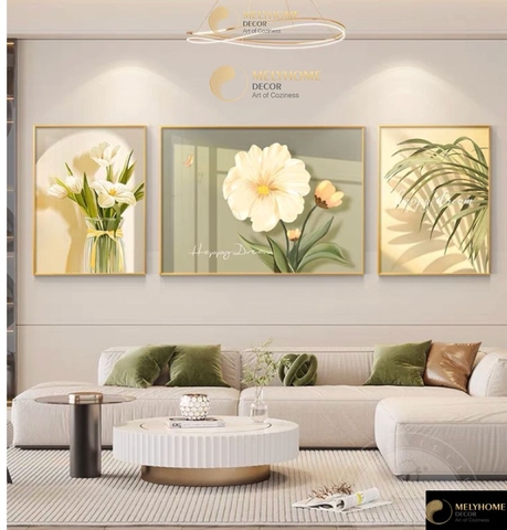 Bộ 3 Tranh Treo Tường Tráng gương / Canvas Cao Cấp - Hoa Tulip-Kiểu mới- 4668-3