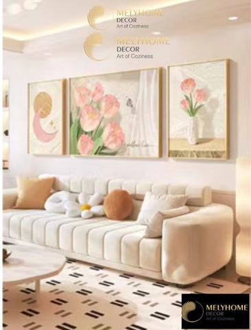Bộ 3 Tranh Treo Tường Tráng gương / Canvas Cao Cấp - Hoa Tulip-Kiểu mới- 4668-4