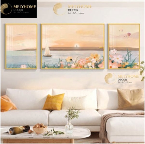 Bộ 3 Tranh Treo Tường Tráng gương / Canvas Cao Cấp - Hoa Tulip Hoàng Hôn -Kiểu mới- 4668-5