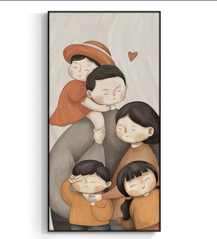 Tranh Đơn Dọc Treo Tường Tráng gương / Canvas Gia Đình Ba Mẹ 2 Bé Gái và 1 Bé Trai Đáng Yêu Hạnh Phúc-HTQ125